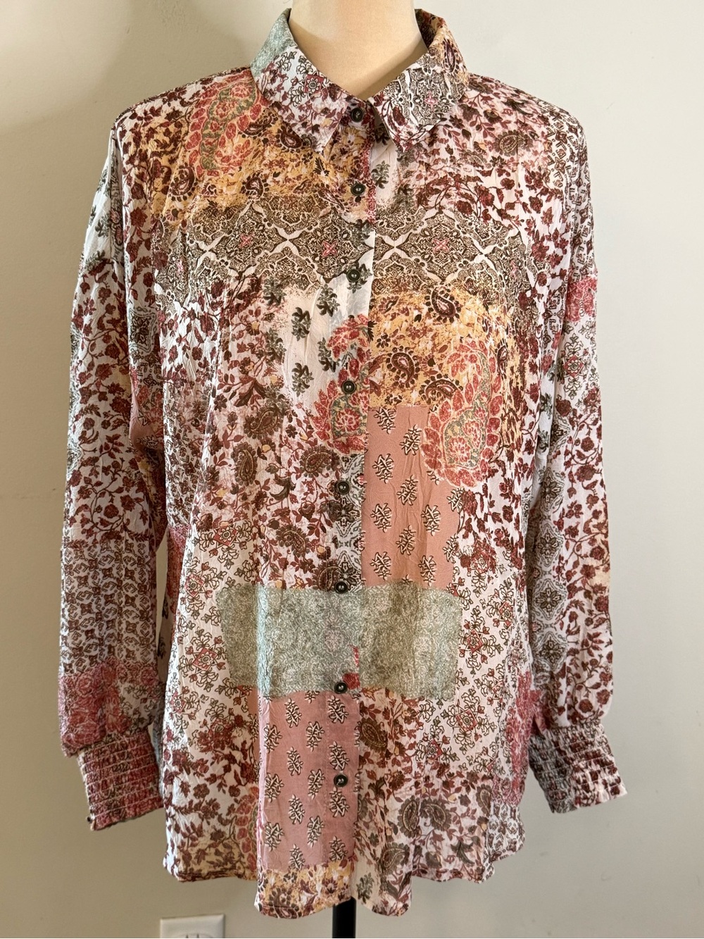 Buckle floral paisley patchwork button up top pink brown western SM